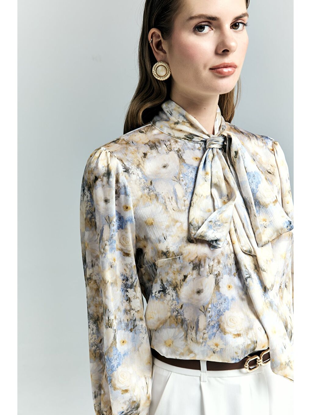 Çiçek Desenli Fularlı Gömlek - Sarı-2