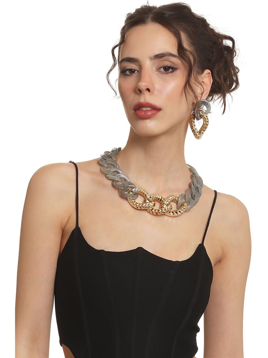 Kadın Kalın Zincir Formlu Dumanlı Gri &Altın Renk Reçine Kolye&Küpe Seti-3