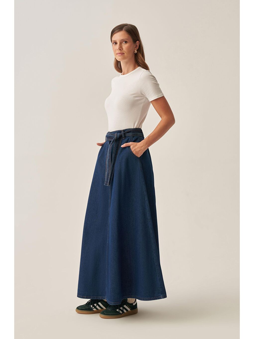 Mavi-Kuşaklı Kloş Denim Etek-2