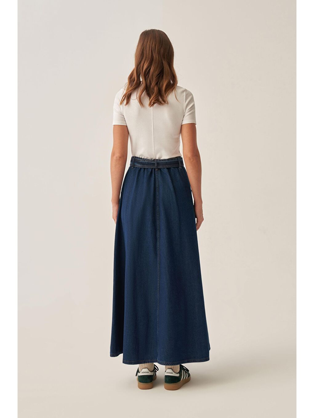 Mavi-Kuşaklı Kloş Denim Etek-3