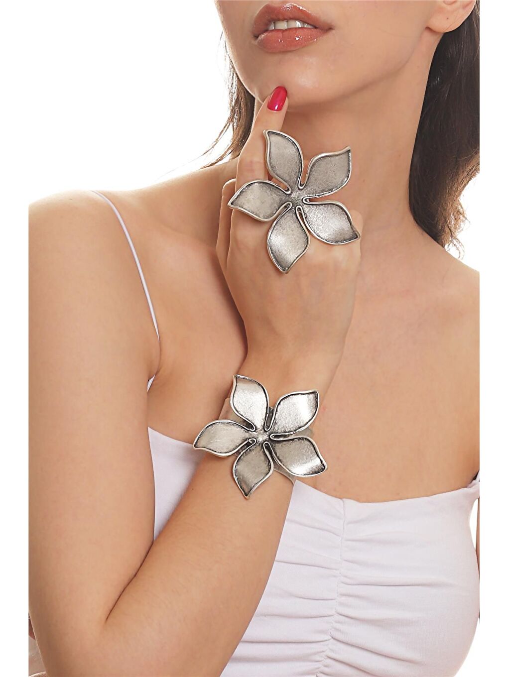 Gri Kadın Antik Gümüş Kaplama Ayarlanabilir Açık Geniş Bant Manolya Bileklik & Yüzük Set-1