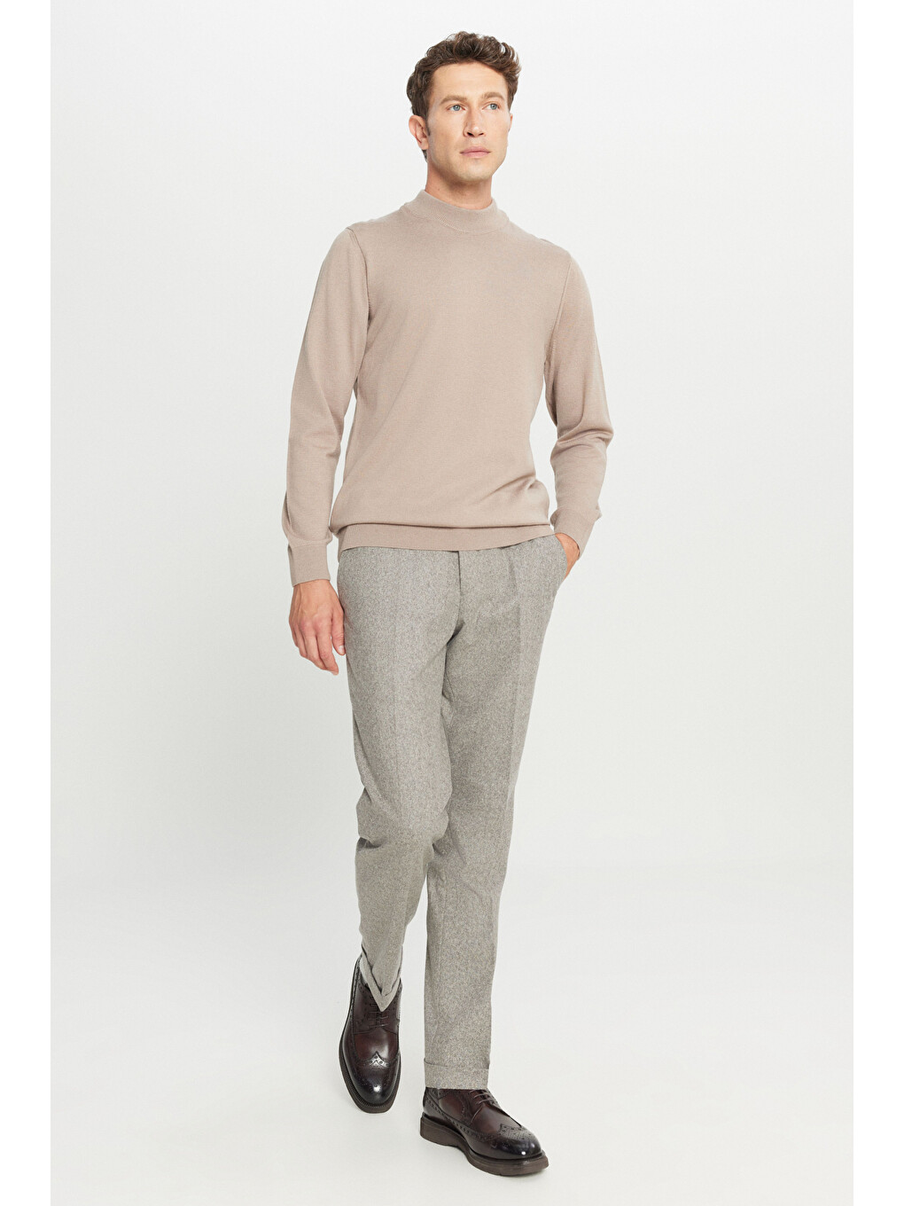 Bej Erkek Vizon Yünlü Slim Fit Dar Kesim Beli Gizli Lastikli Yan Cepli Armürlü Pantolon-2