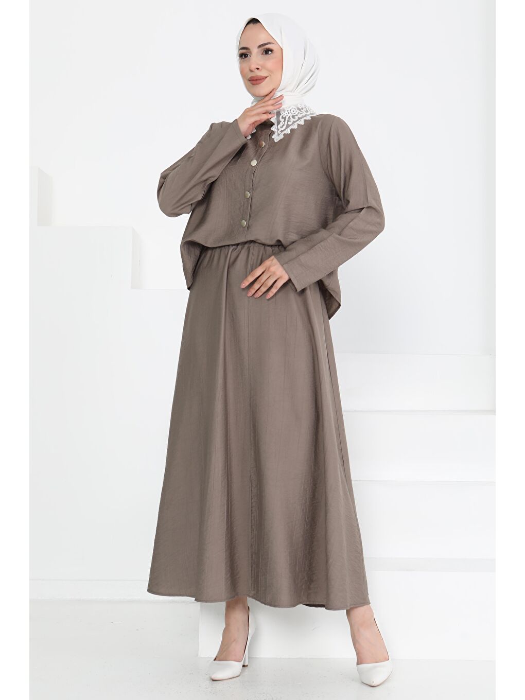 Bej Dantel Yaka İkili Takım Vizon - 27179