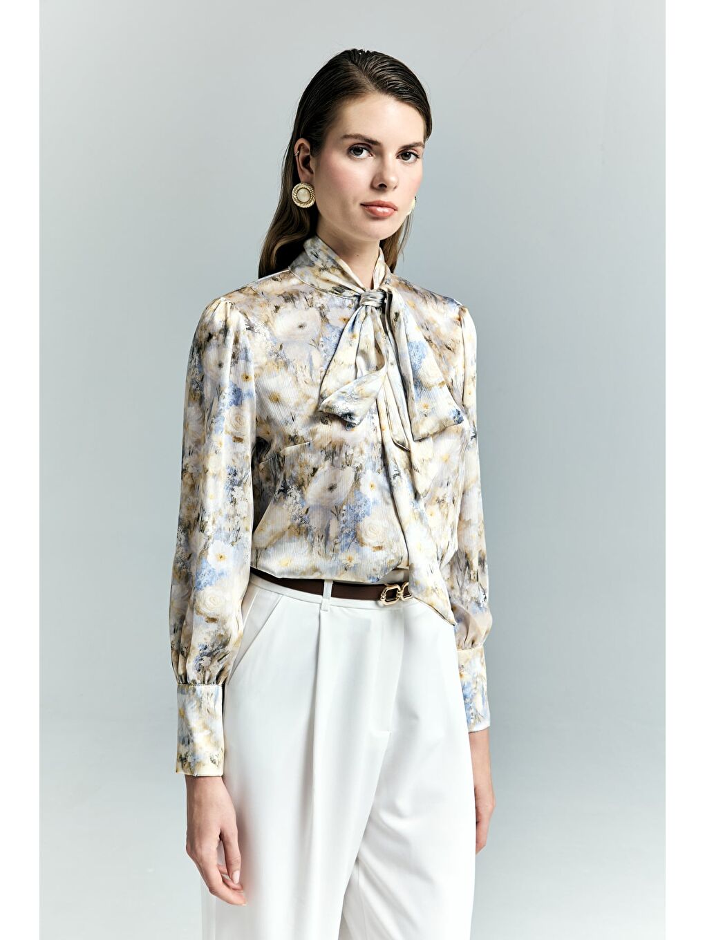 Çiçek Desenli Fularlı Gömlek - Sarı-3