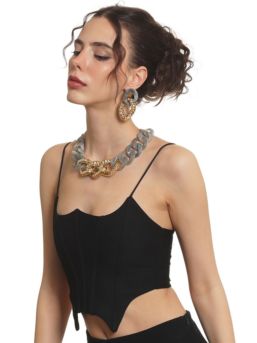 Kadın Kalın Zincir Formlu Dumanlı Gri &Altın Renk Reçine Kolye&Küpe Seti-4