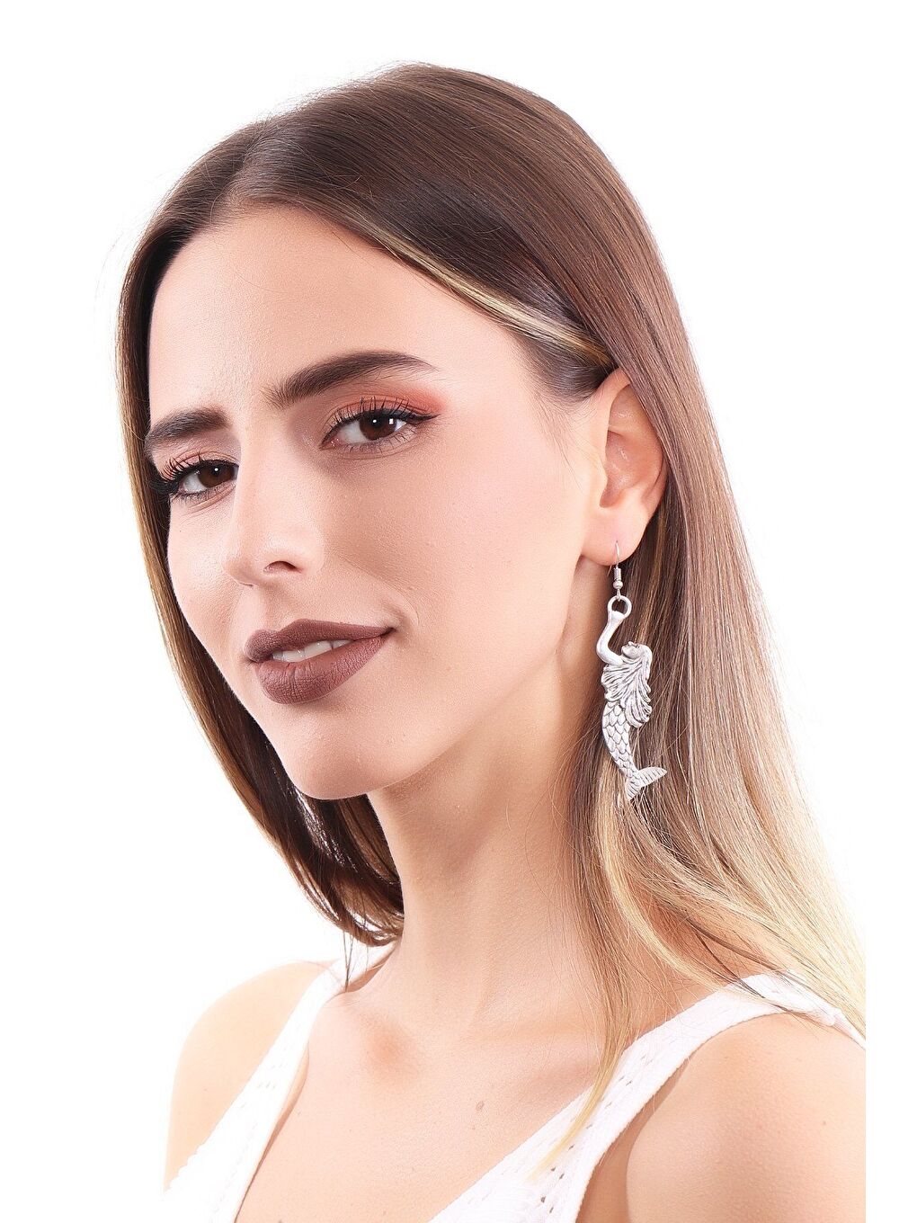 Gri Kadın Antik Gümüş Kaplama Sallantılı Deniz Kızı Küpe-3