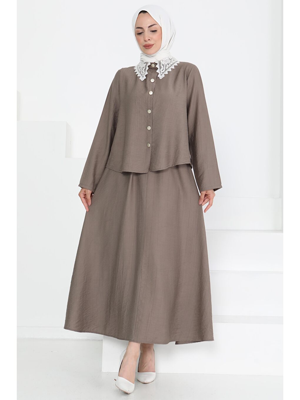 Bej Dantel Yaka İkili Takım Vizon - 27179-3