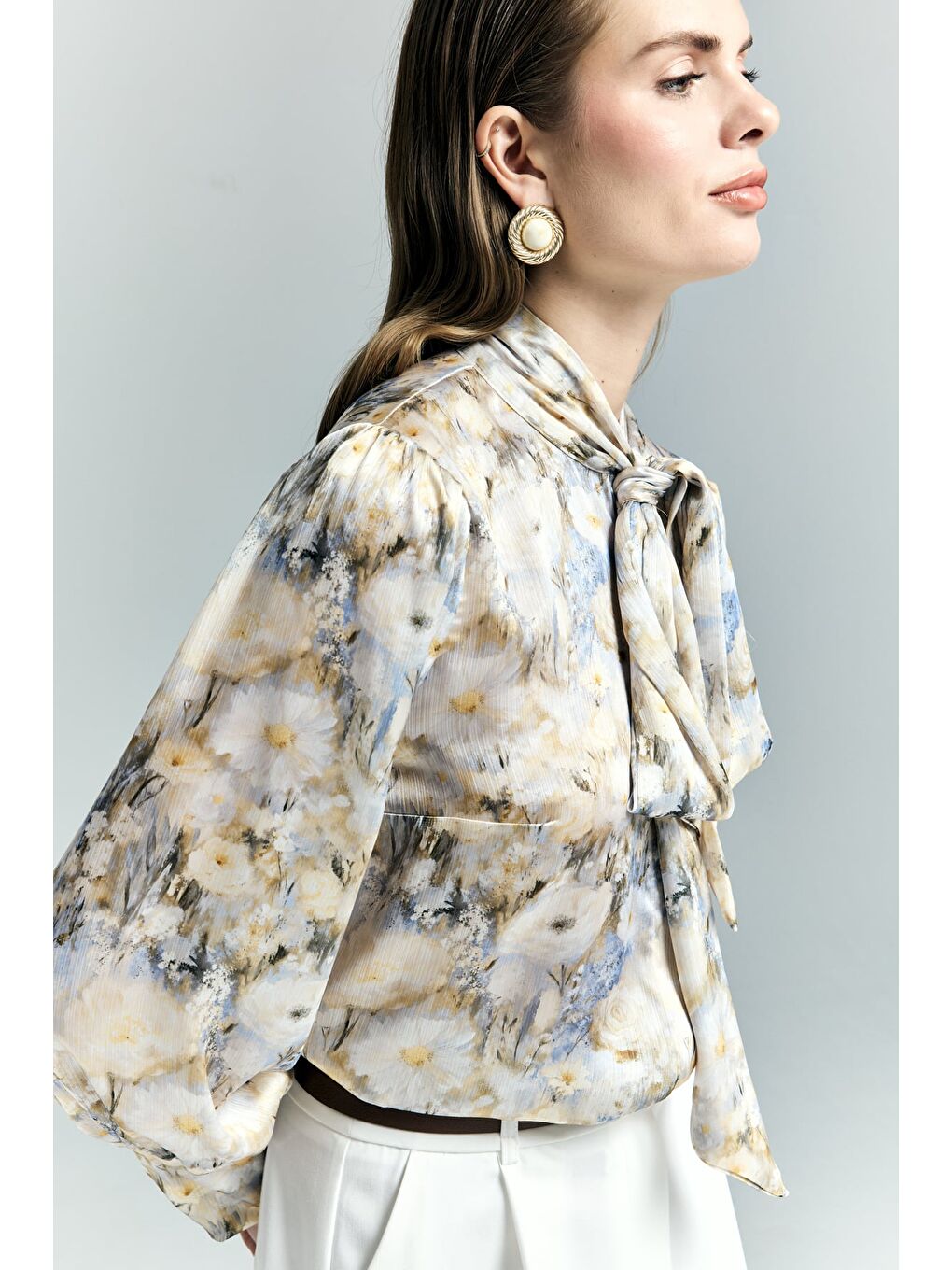 Çiçek Desenli Fularlı Gömlek - Sarı-4