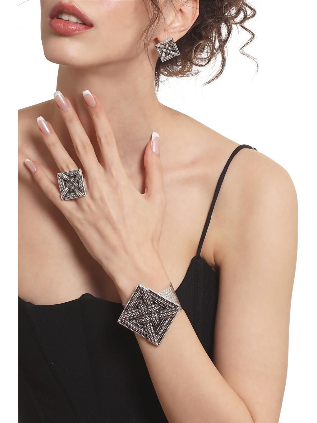 Gri Kadın Antik Gümüş Kaplama Örgü Dokulu Geometrik Tasarım Küpe &Yüzük &Bilekik Set-1