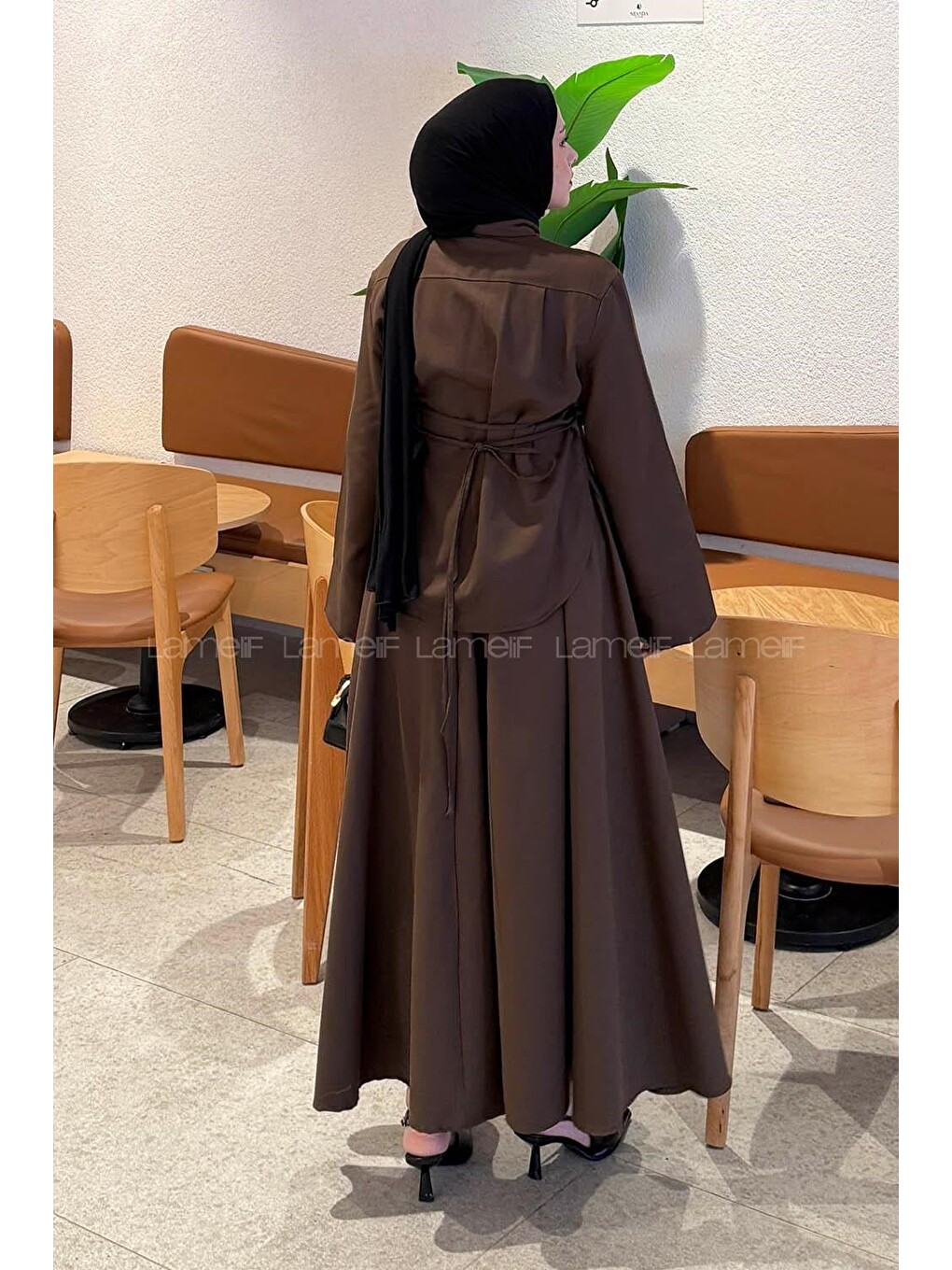 Kravat Yaka Tesettür Takım Acı Kahverengi-3