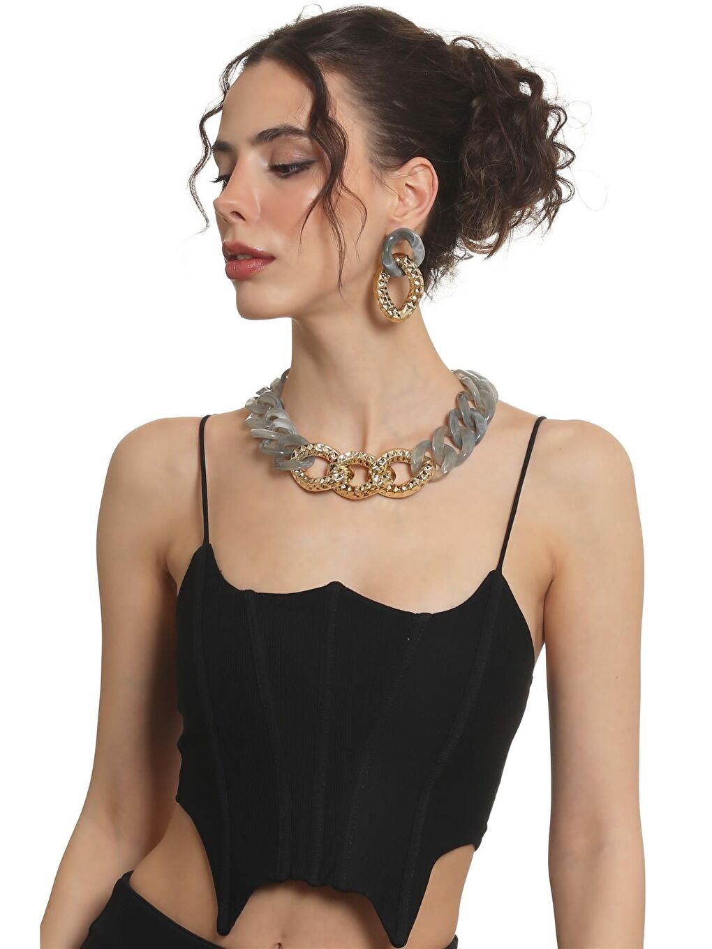 Kadın Kalın Zincir Formlu Dumanlı Gri &Altın Renk Reçine Kolye&Küpe Seti-5