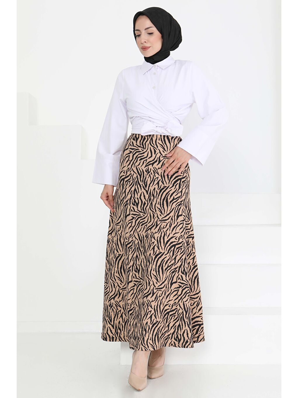 Bej Desenli Kiloş Etek Vizon - 27238