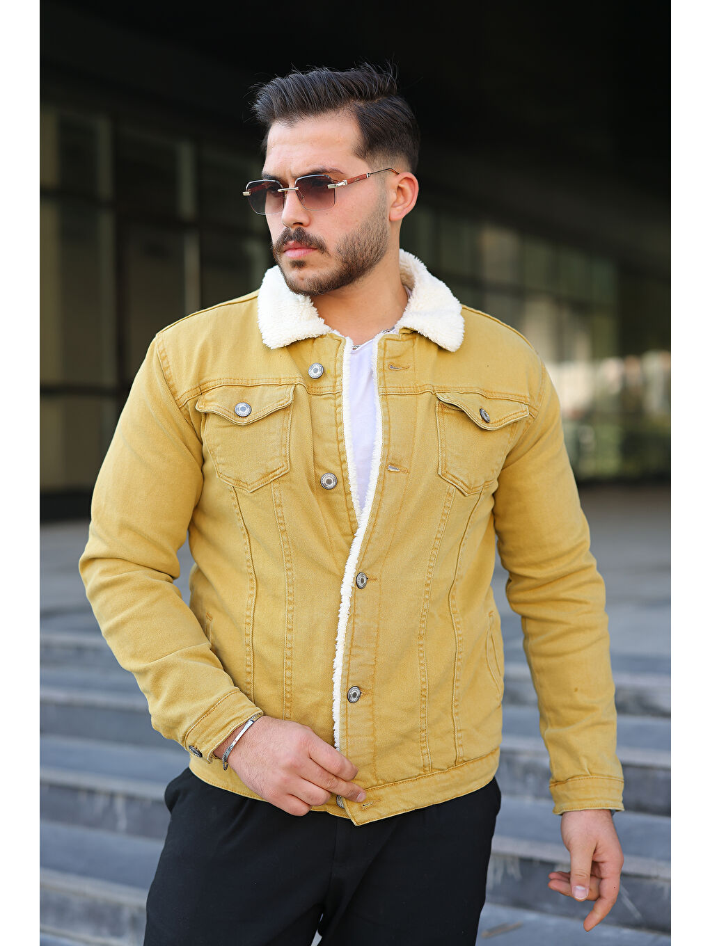 Erkek Trend Kışlık Içi Kürklü Sarı Jean Ceket-2