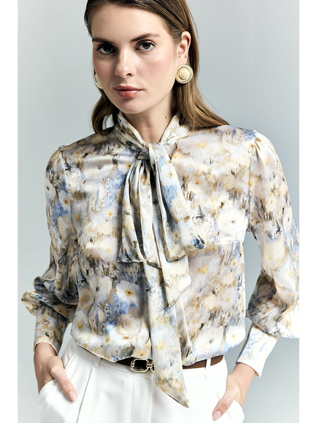 Çiçek Desenli Fularlı Gömlek - Sarı-5