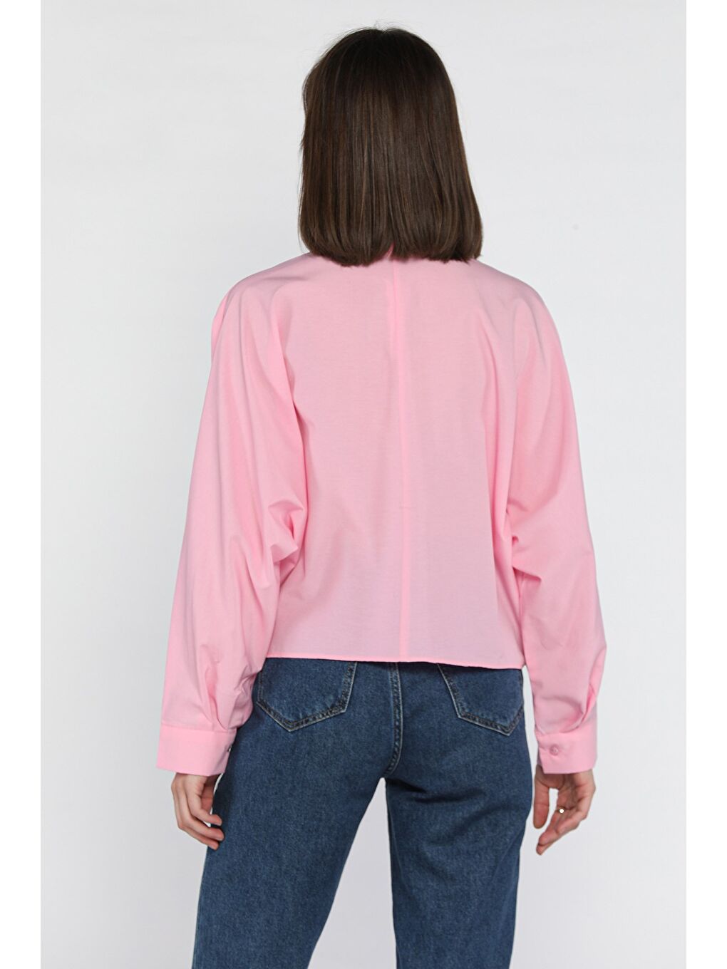 Pembe Kadın Tek Cepli Yarasa Kol Gömlek-2