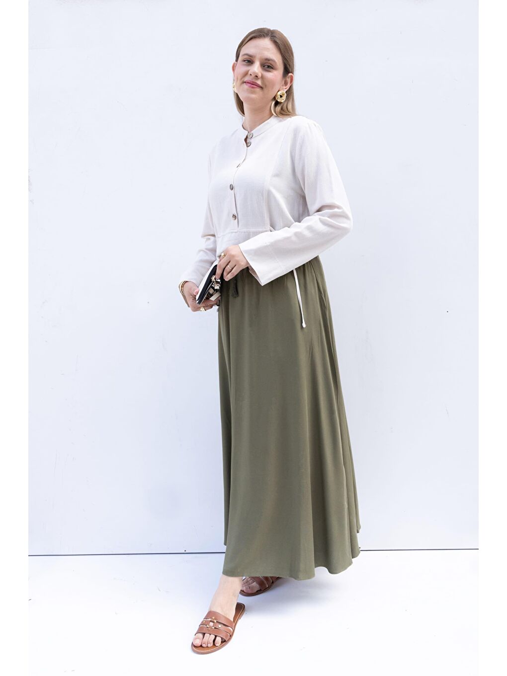 Haki-Beli Lastikli Fisto Detaylı Etek-1