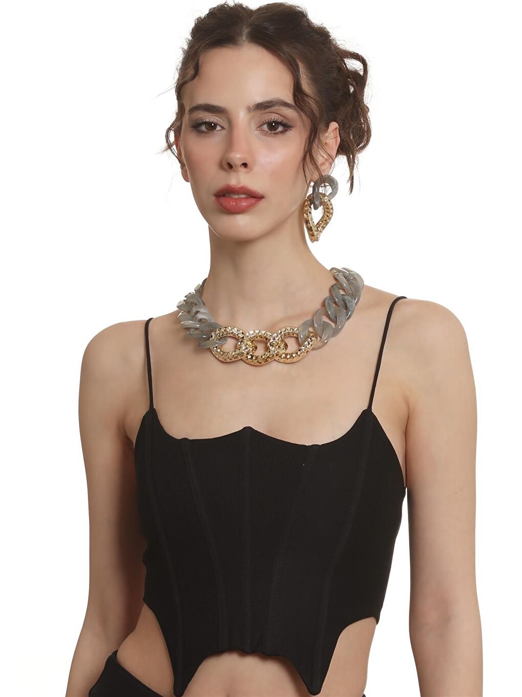 Kadın Kalın Zincir Formlu Dumanlı Gri &Altın Renk Reçine Kolye&Küpe Seti-6