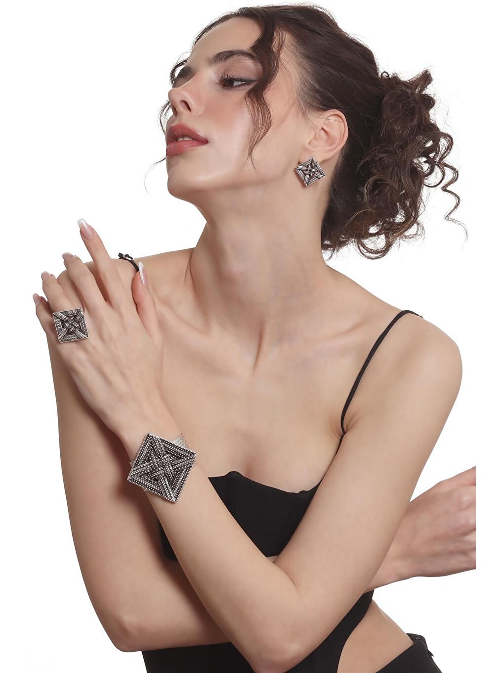 Gri Kadın Antik Gümüş Kaplama Örgü Dokulu Geometrik Tasarım Küpe &Yüzük &Bilekik Set-2