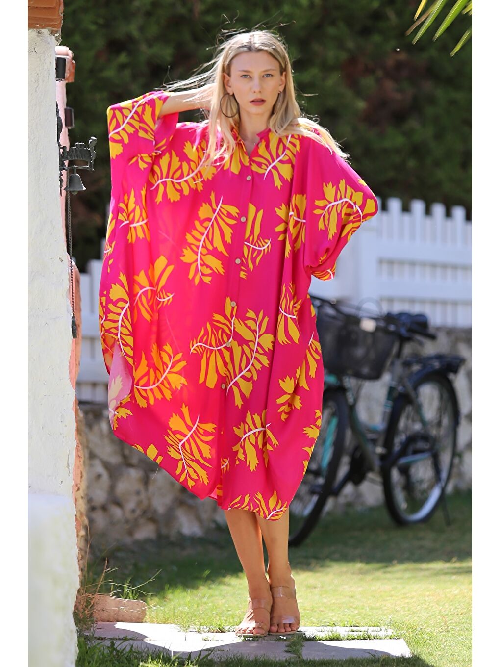 Pembe Düğmeli Cepli Dokuma Oversize Casual Elbise-1