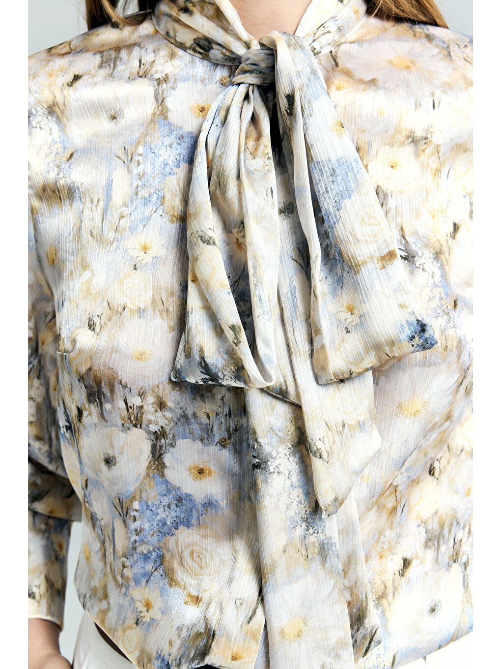 Çiçek Desenli Fularlı Gömlek - Sarı-6