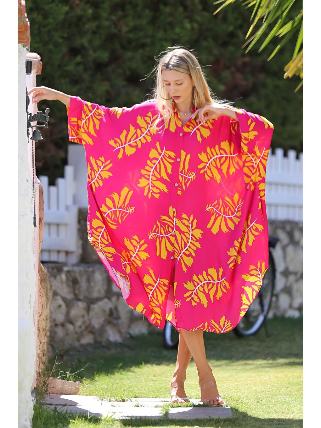 Pembe Düğmeli Cepli Dokuma Oversize Casual Elbise-2