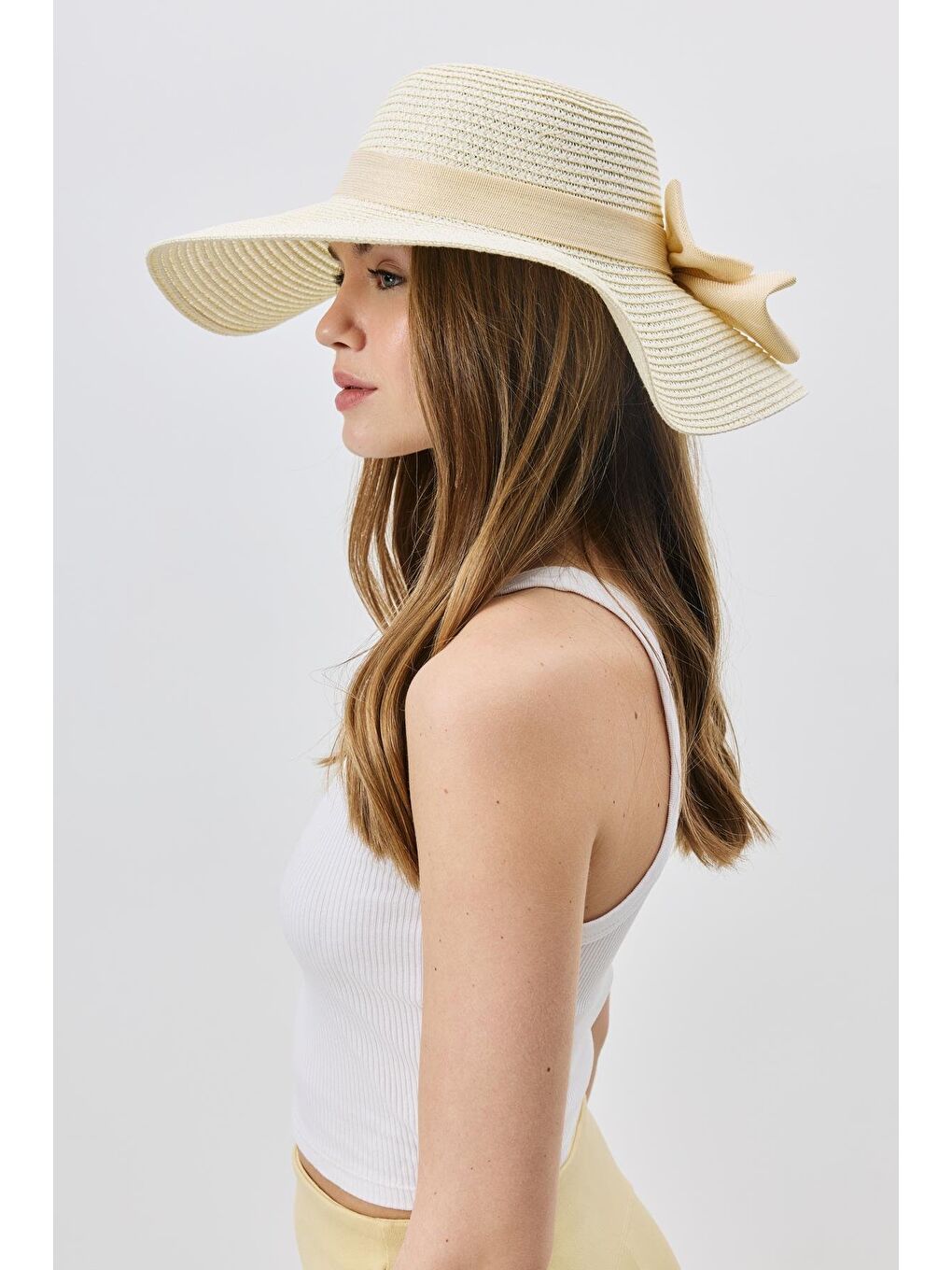 Ekru Geniş Kenar Hasır Plaj Şapkası Y25730-17 Krem-1