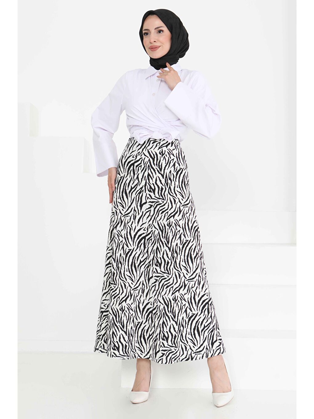 Desenli Kiloş Etek Beyaz - 27238