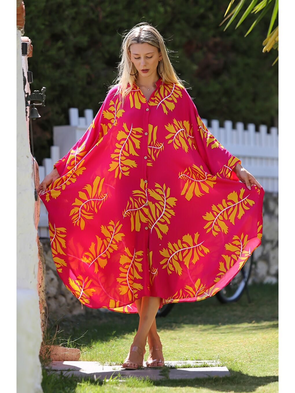 Pembe Düğmeli Cepli Dokuma Oversize Casual Elbise-3