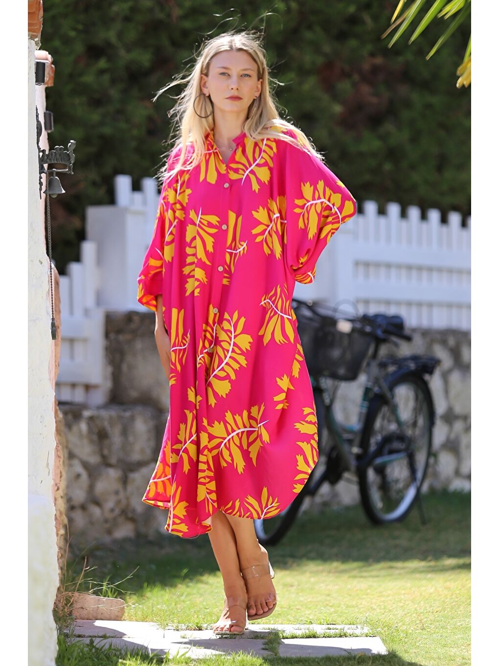 Pembe Düğmeli Cepli Dokuma Oversize Casual Elbise-4