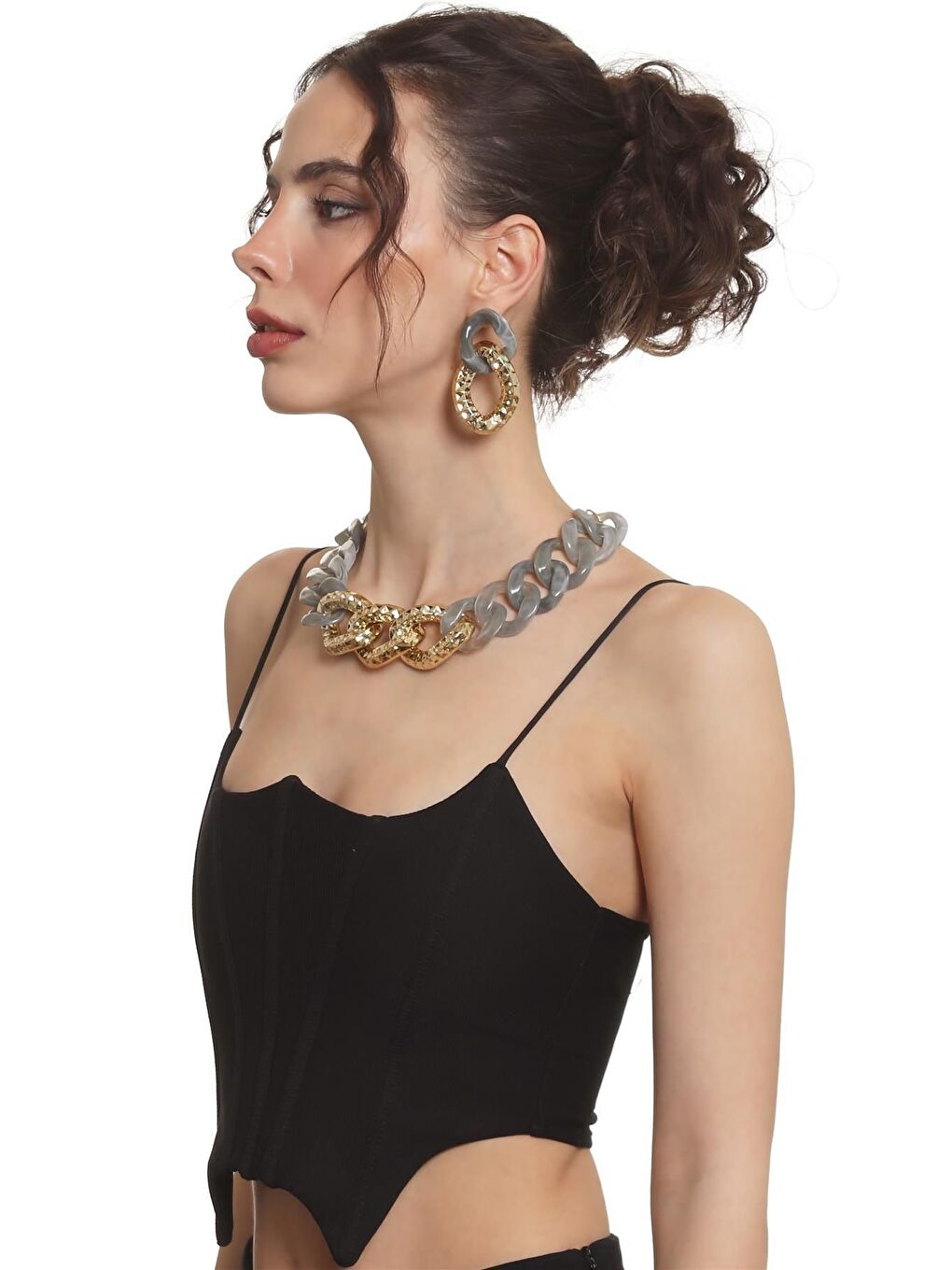 Kadın Kalın Zincir Formlu Dumanlı Gri &Altın Renk Reçine Kolye&Küpe Seti-7