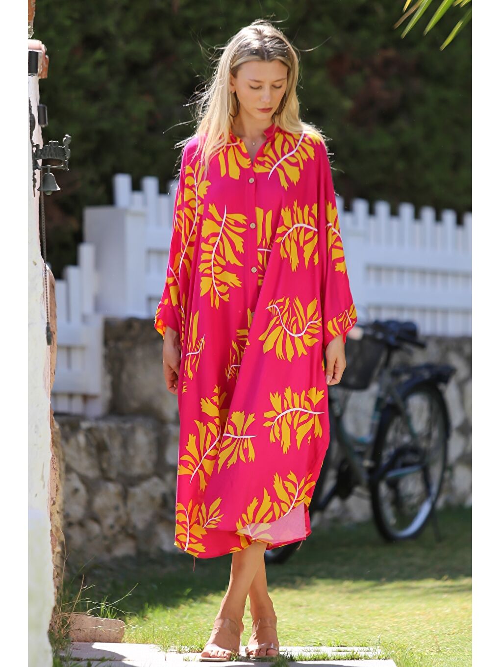 Pembe Düğmeli Cepli Dokuma Oversize Casual Elbise-5