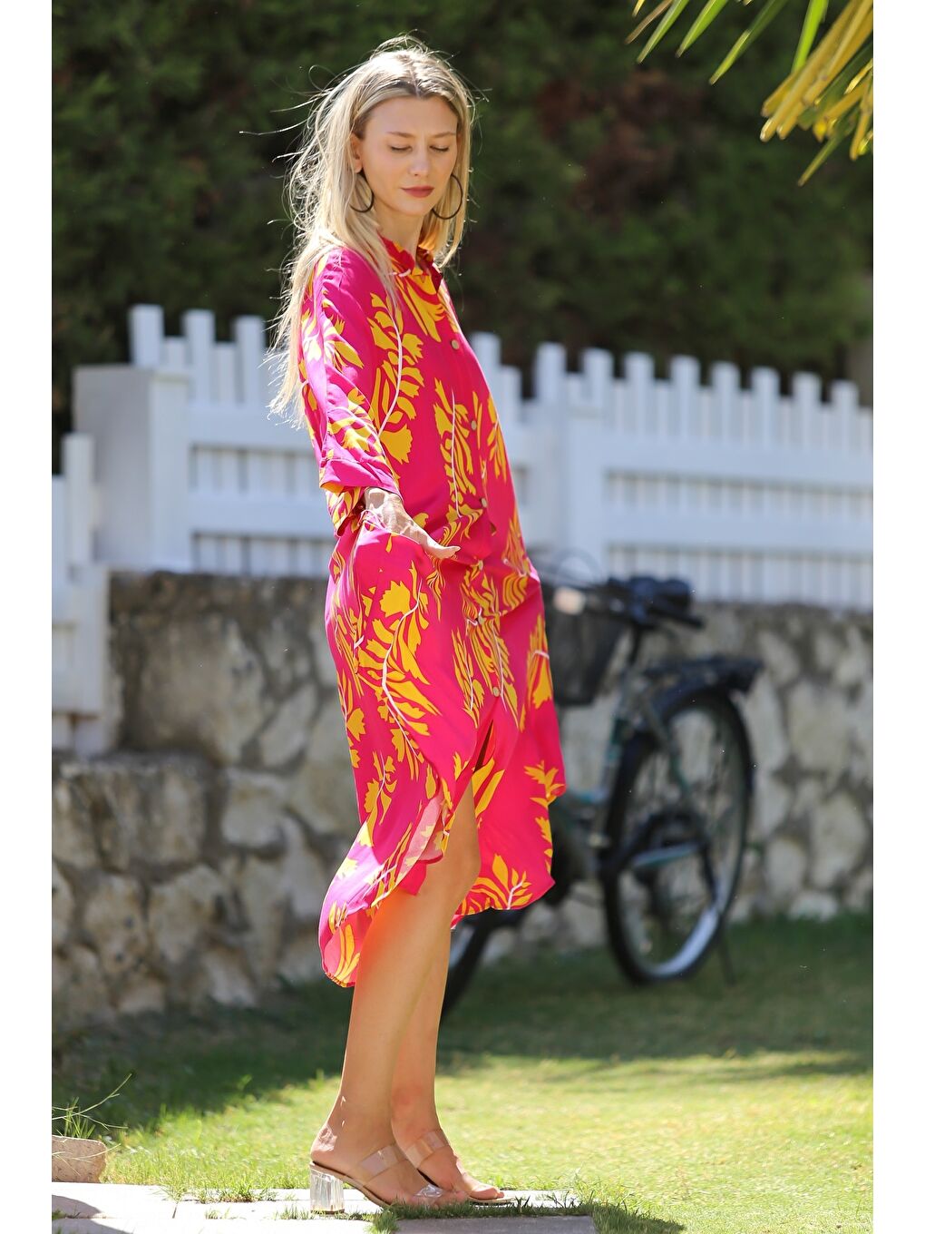 Pembe Düğmeli Cepli Dokuma Oversize Casual Elbise-6