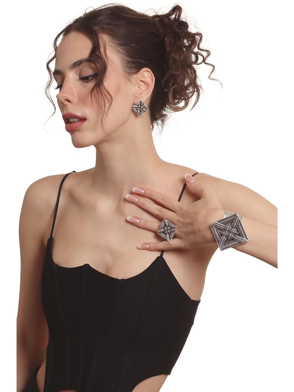 Gri Kadın Antik Gümüş Kaplama Örgü Dokulu Geometrik Tasarım Küpe &Yüzük &Bilekik Set-3