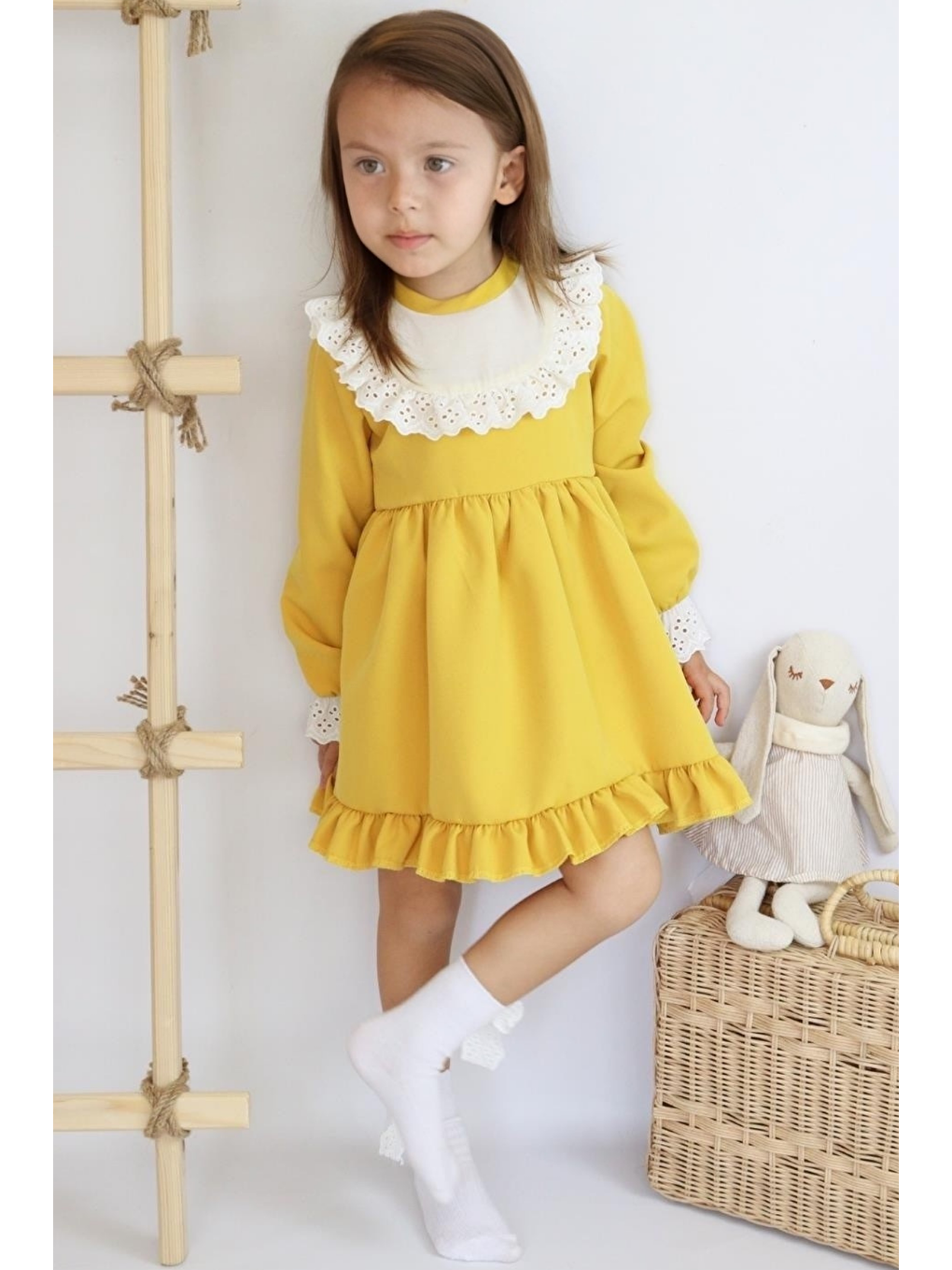 Sarı Kız Çocuk Ruby Hardal Uzun Kollu Dantel Detaylı Fırfırlı Elbise-2