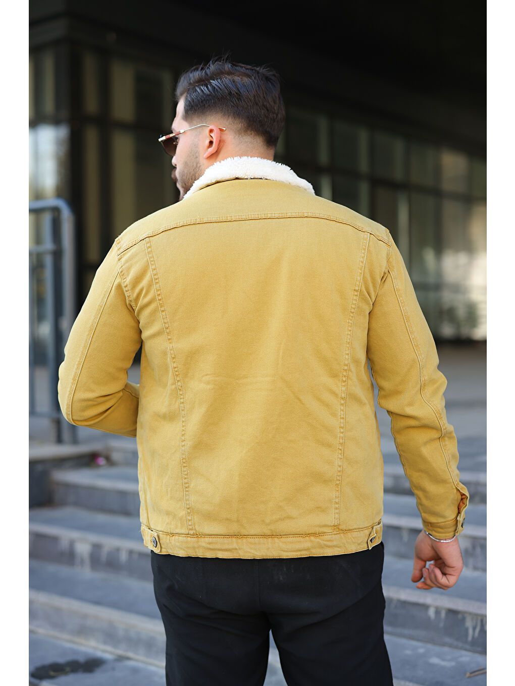 Erkek Trend Kışlık Içi Kürklü Sarı Jean Ceket-3