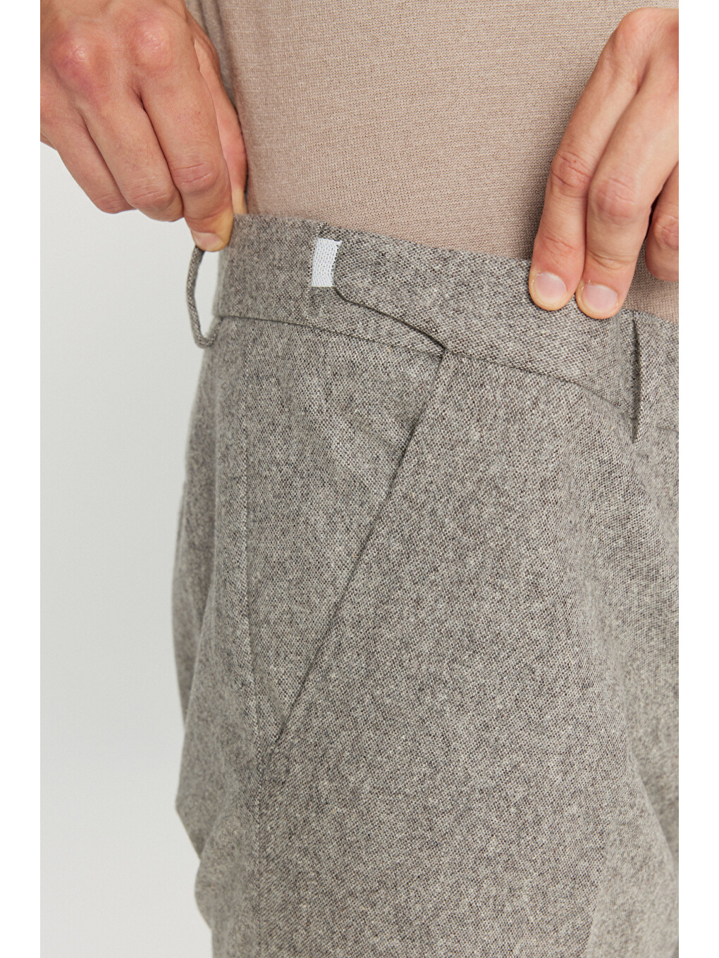 Bej Erkek Vizon Yünlü Slim Fit Dar Kesim Beli Gizli Lastikli Yan Cepli Armürlü Pantolon-3