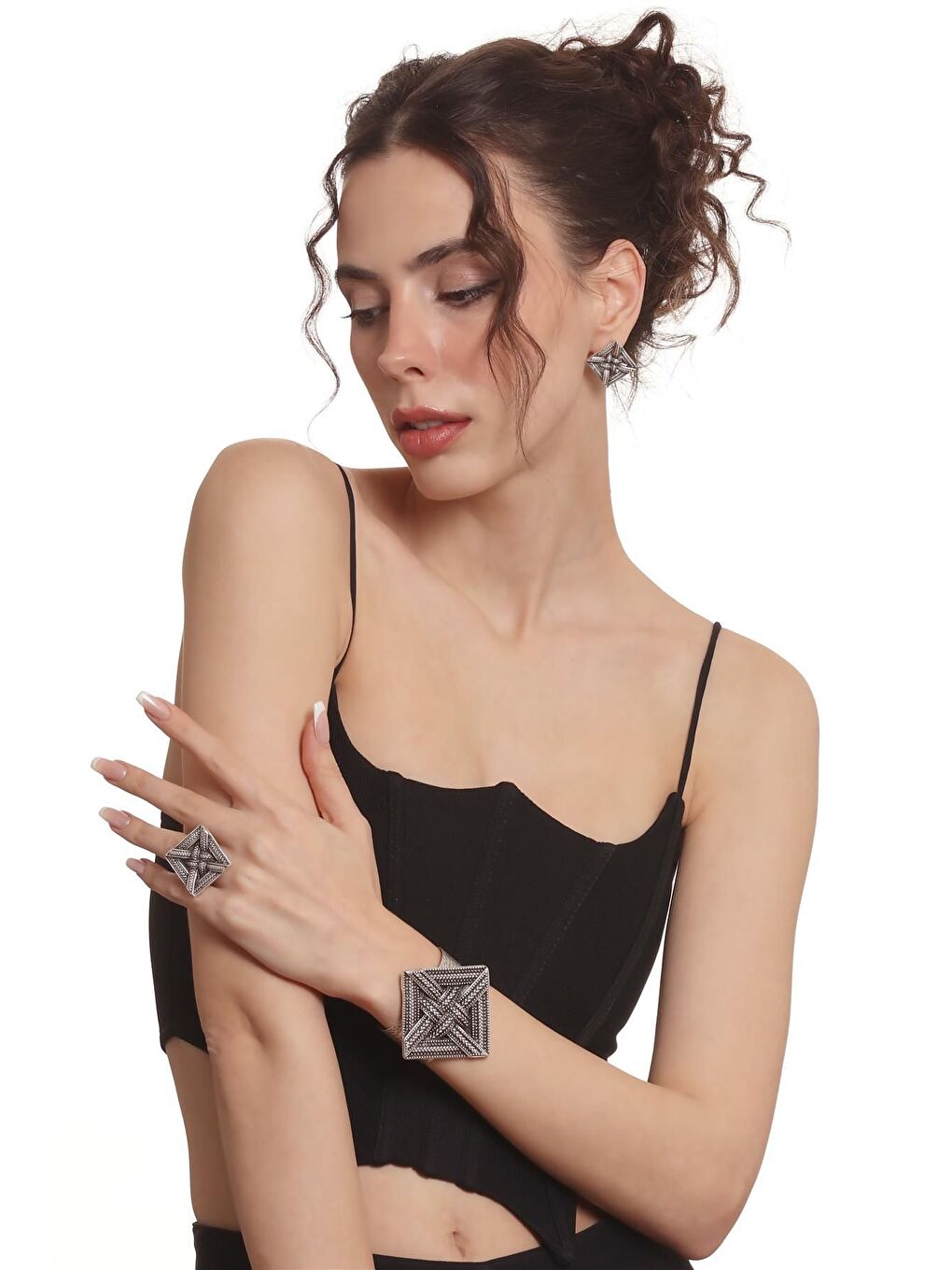 Gri Kadın Antik Gümüş Kaplama Örgü Dokulu Geometrik Tasarım Küpe &Yüzük &Bilekik Set-4