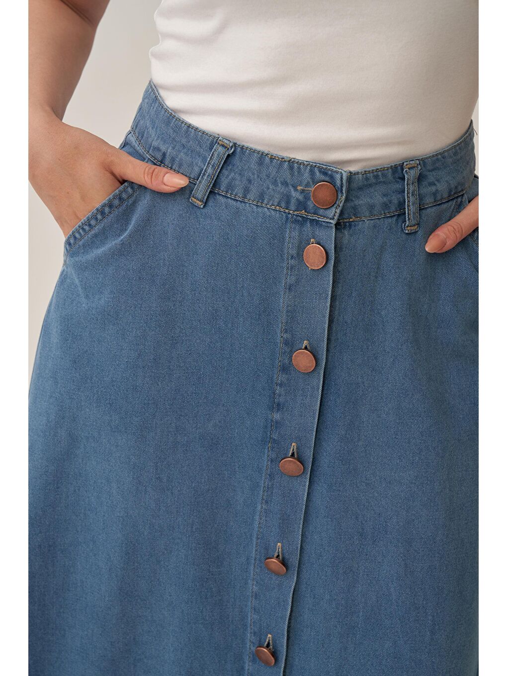 Açık Mavi-Boydan Düğmelİ Denİm Etek-3