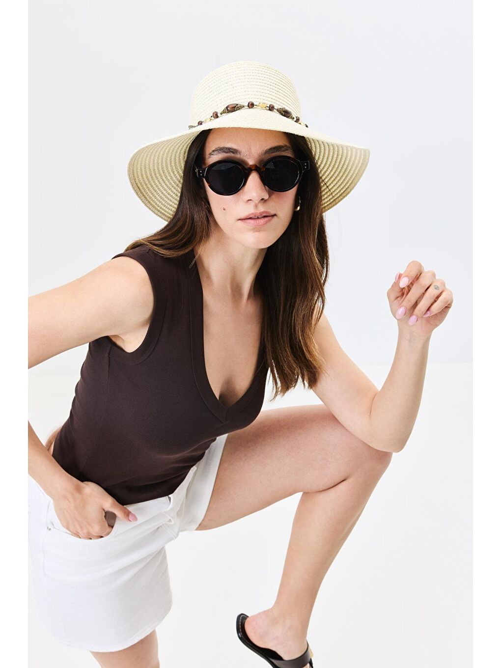 Ekru Hasır Plaj Şapkası Y25730-19 Krem-1