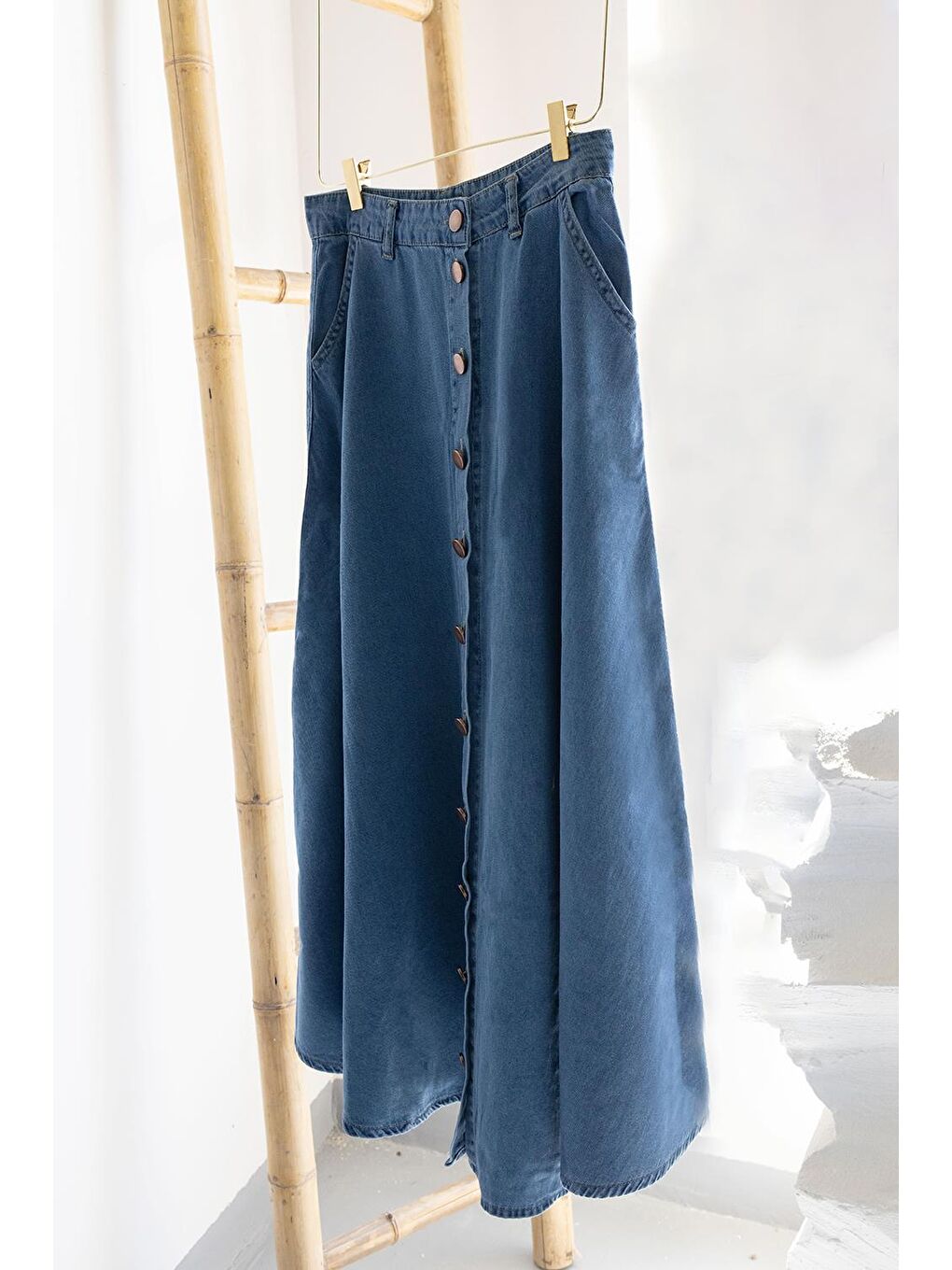 Açık Mavi-Boydan Düğmelİ Denİm Etek-4