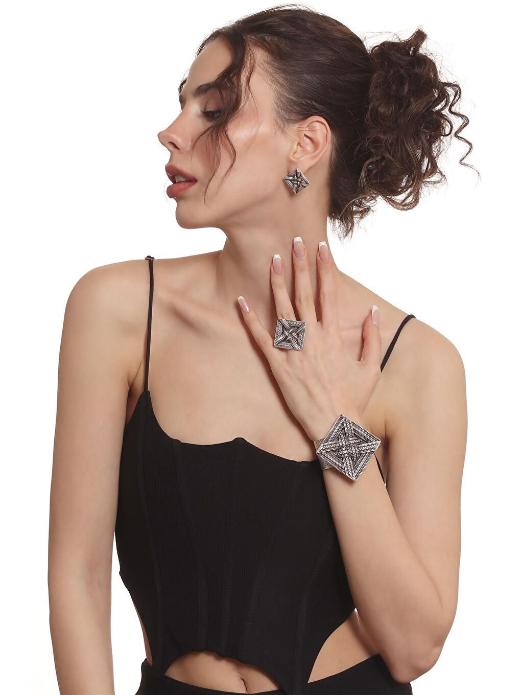 Gri Kadın Antik Gümüş Kaplama Örgü Dokulu Geometrik Tasarım Küpe &Yüzük &Bilekik Set-5