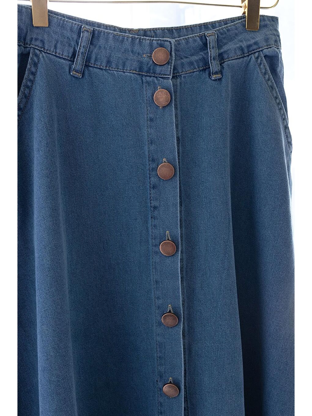 Açık Mavi-Boydan Düğmelİ Denİm Etek-5