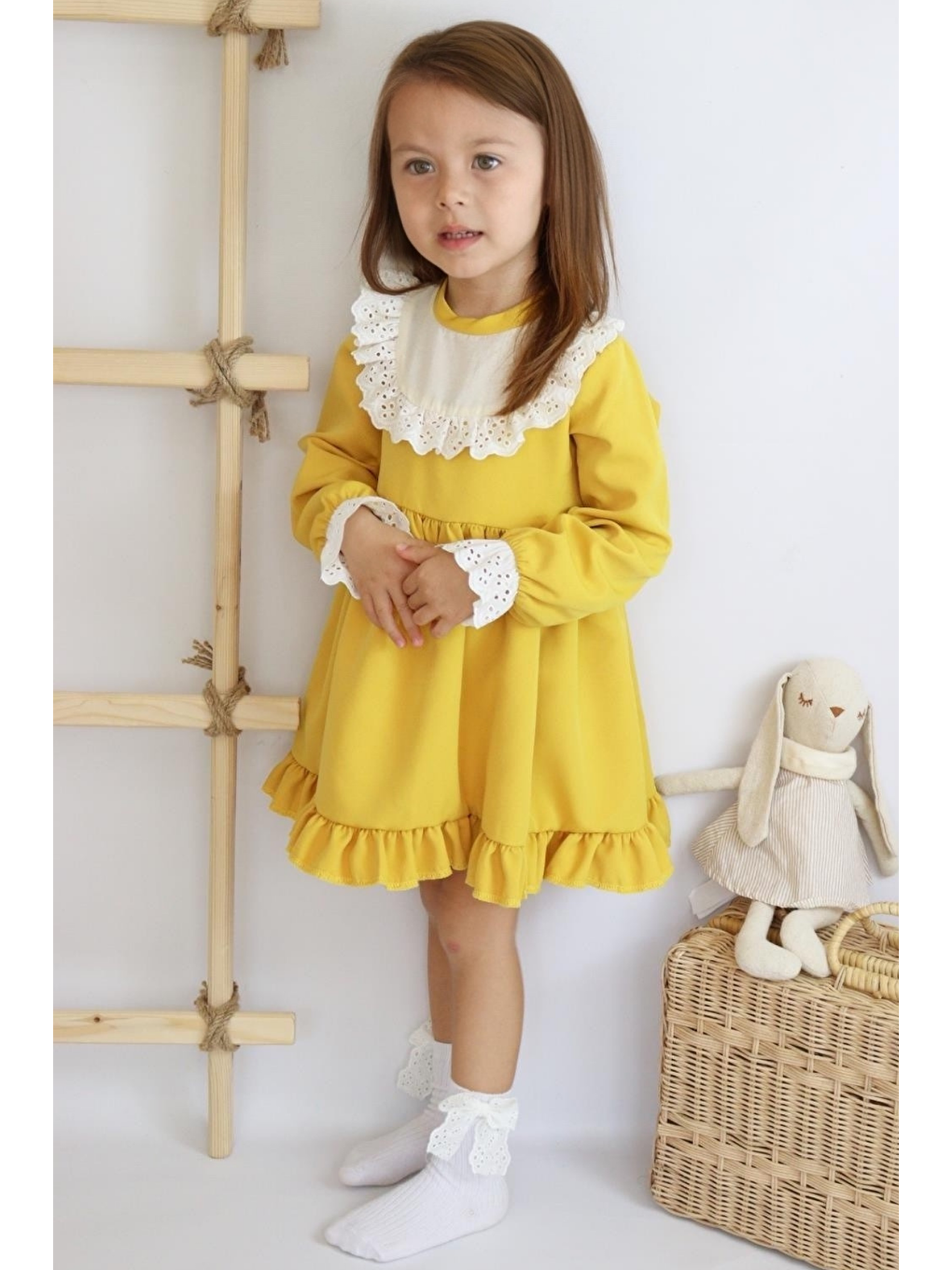 Sarı Kız Çocuk Ruby Hardal Uzun Kollu Dantel Detaylı Fırfırlı Elbise-4
