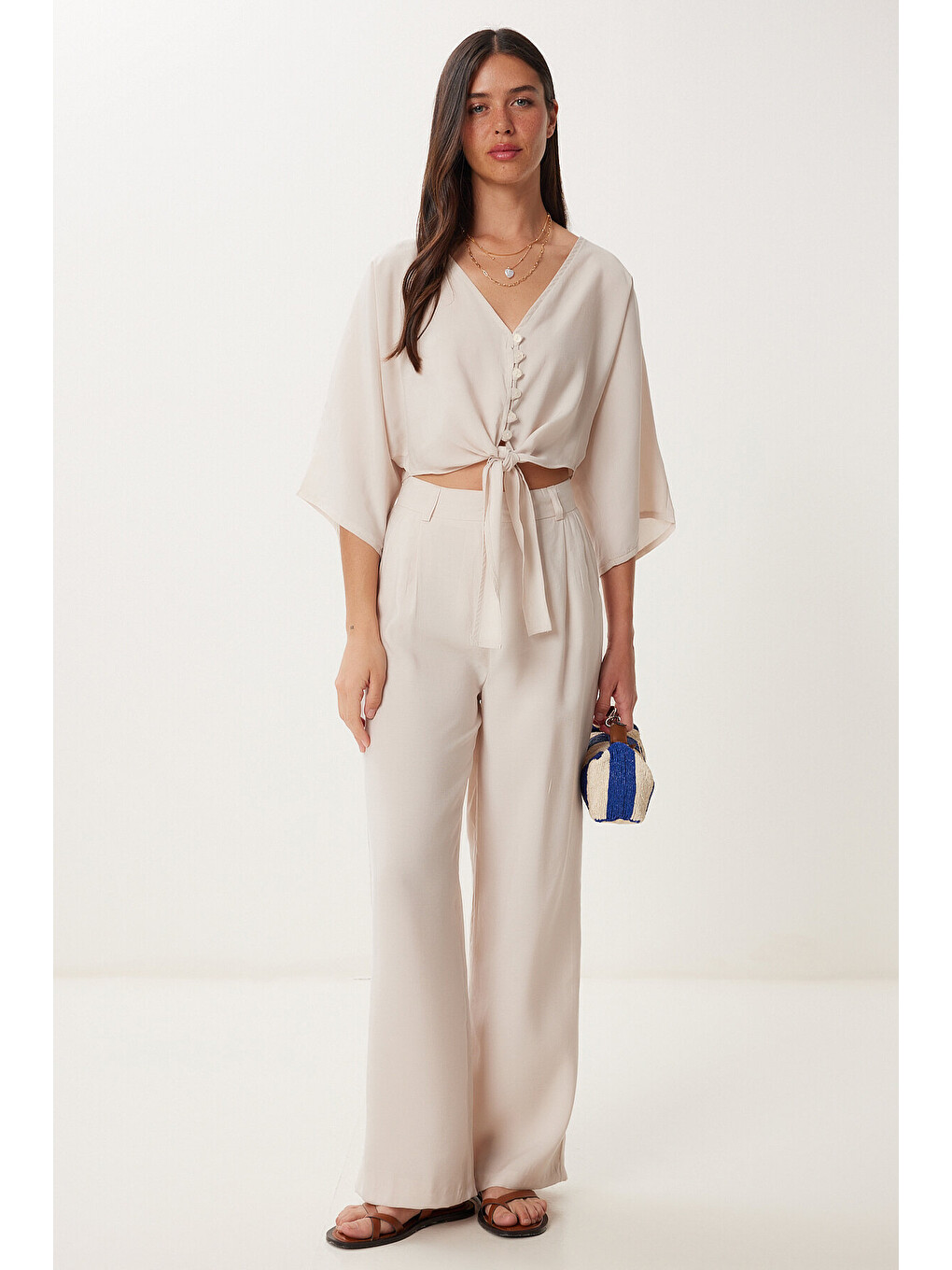 Ekru Modal Bluz Pantolon Takım KREM LBV0069