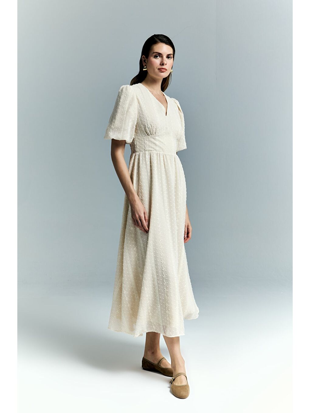 Kabarık Kollu Uzun Elbise - Bej-2