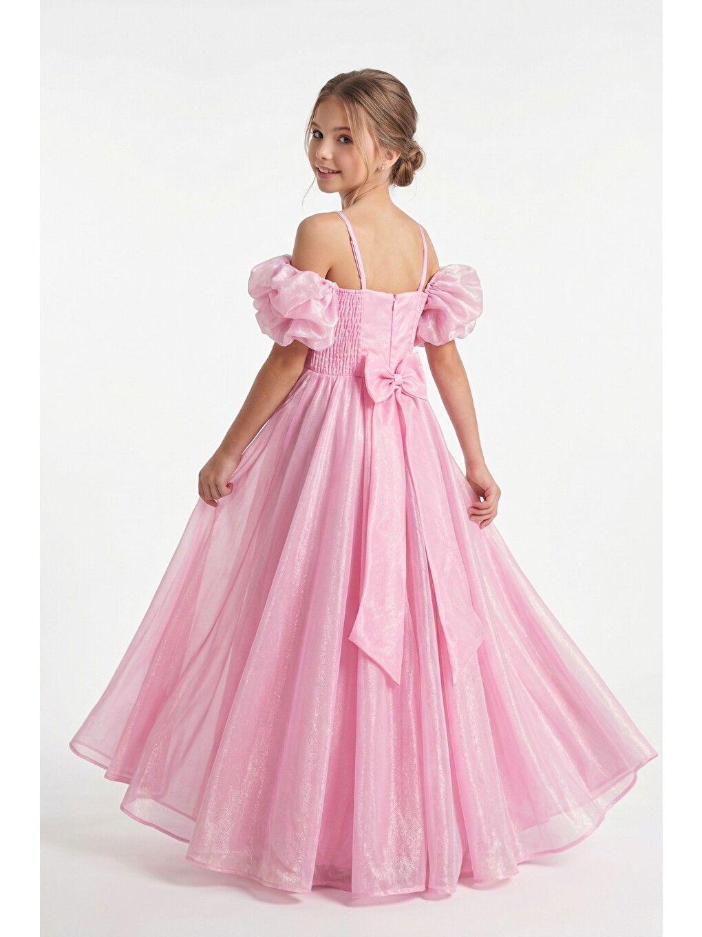 Pembe Linos Kız Çocuk Saten Abiye Elbise M00838-2