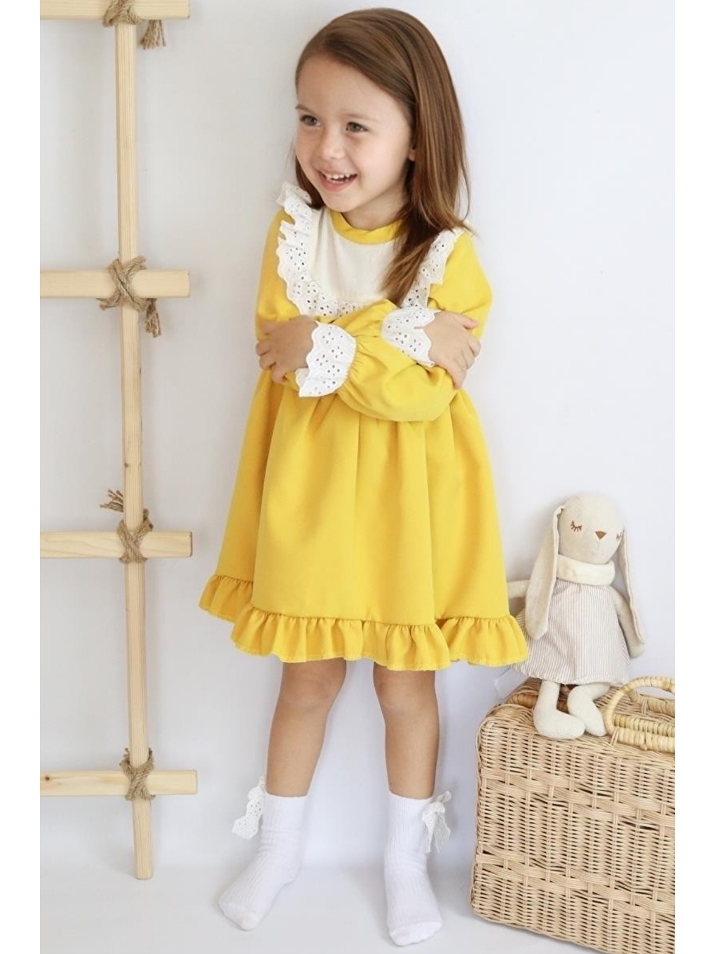 Sarı Kız Çocuk Ruby Hardal Uzun Kollu Dantel Detaylı Fırfırlı Elbise-5