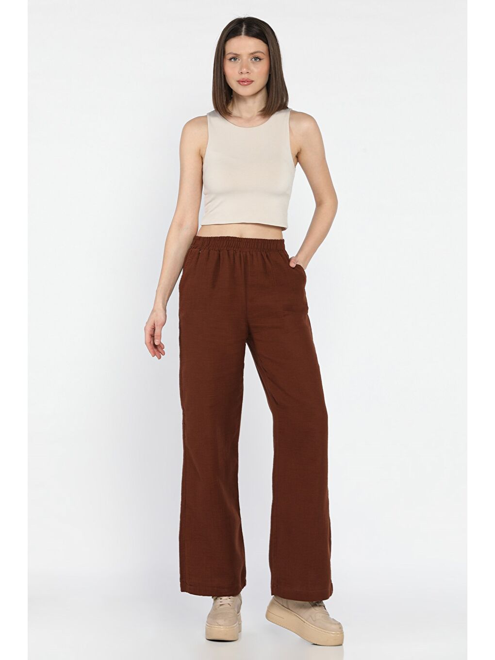 Kahverengi Kadın Bel Lastikli Palazzo Pantolon-1