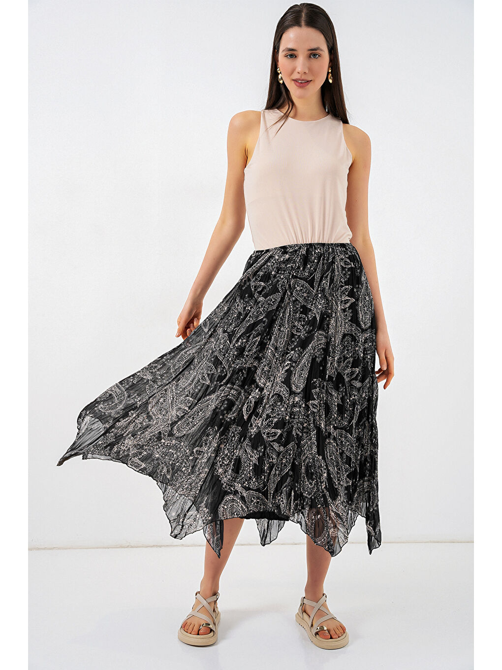 Kadın Asimetrik Tül Şifon Etek 8061 - Siyah