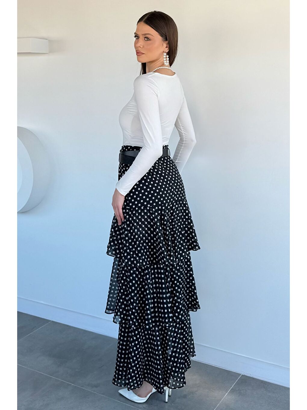 Siyah Kadın Puantiyeli Kemerli Etek-3